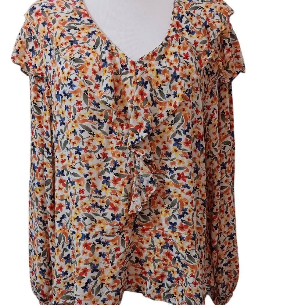 DEMOCRACY Blouse Top Shirt Size XL‎ Boho Floral Ruffled V-Neck Yellow Blue